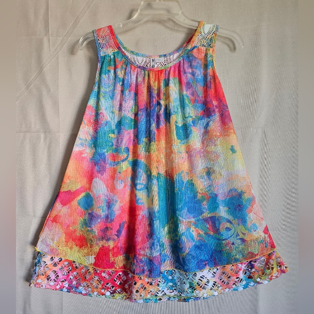 Ethyl Strenchy Tank Top Bright Colorful Print Lace Neck Size S